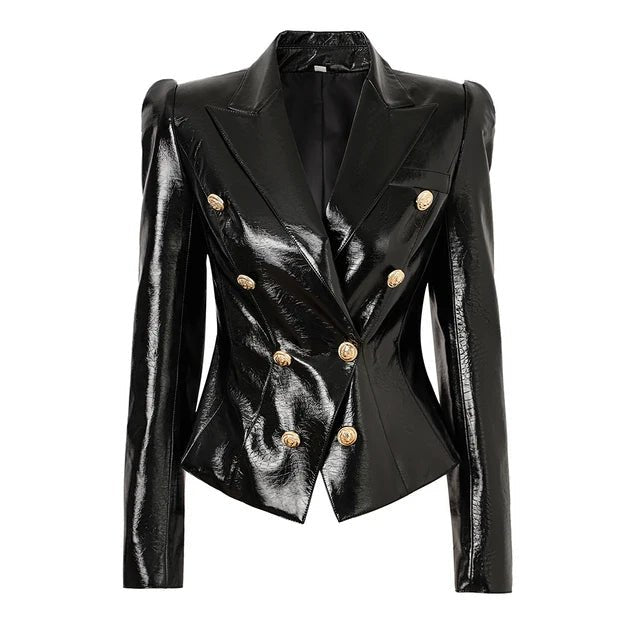 2024 Trendy Womens DoubleBreasted Black Faux Leather Blazer - GirlnamedParis