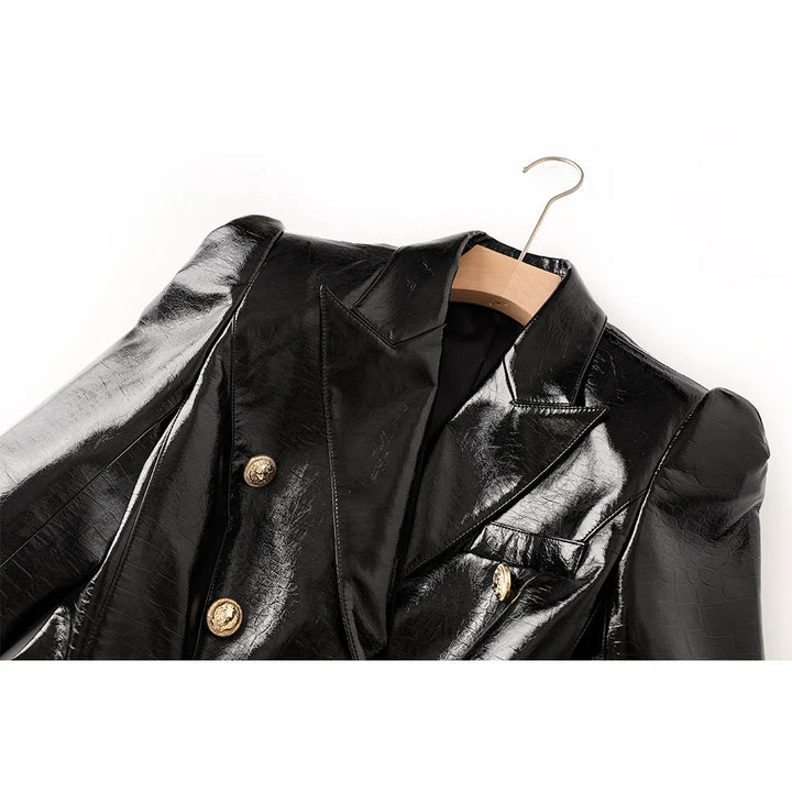 2024 Trendy Womens DoubleBreasted Black Faux Leather Blazer - GirlnamedParis