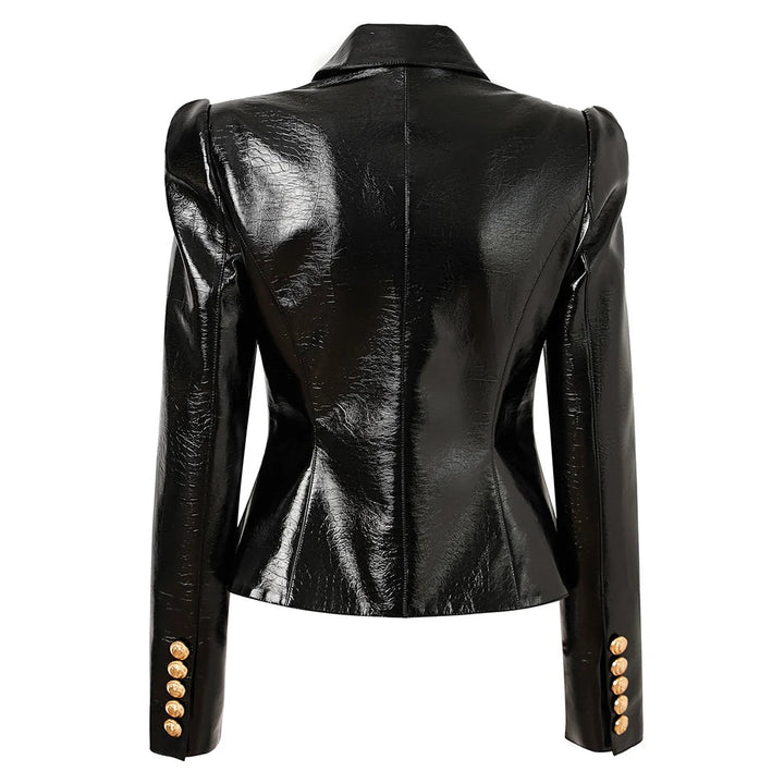 2024 Trendy Womens DoubleBreasted Black Faux Leather Blazer - GirlnamedParis