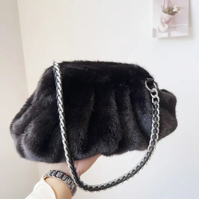 2024 Womens Ruched Faux Mink Fur Clutch Bag - GirlnamedParis