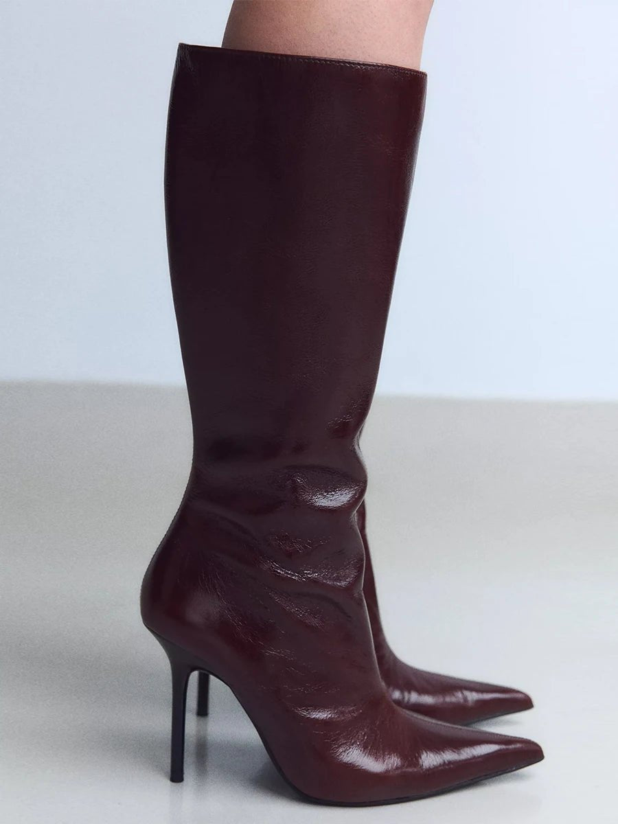 2025 Spring Sexy Brown Pointed Toe KneeHigh Boots - GirlnamedParis