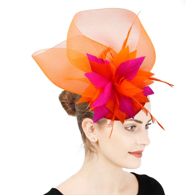 Elegant Orange Hot Pink Fascinator Hat for Weddings - GirlnamedParis