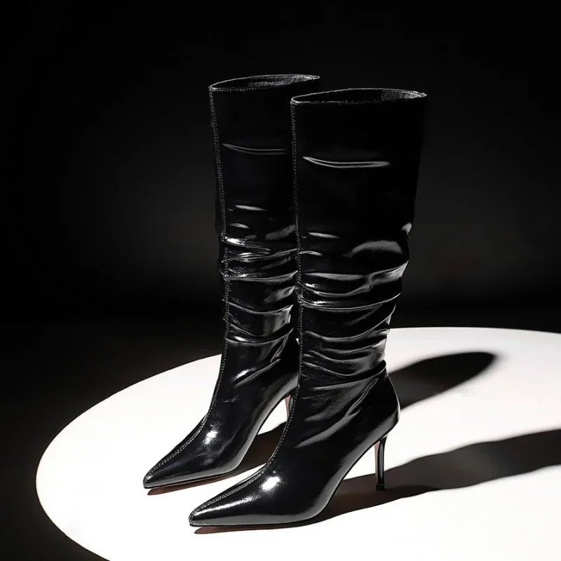 Autumn 2025 Womens Black Patent Leather KneeHigh Boots - GirlnamedParis