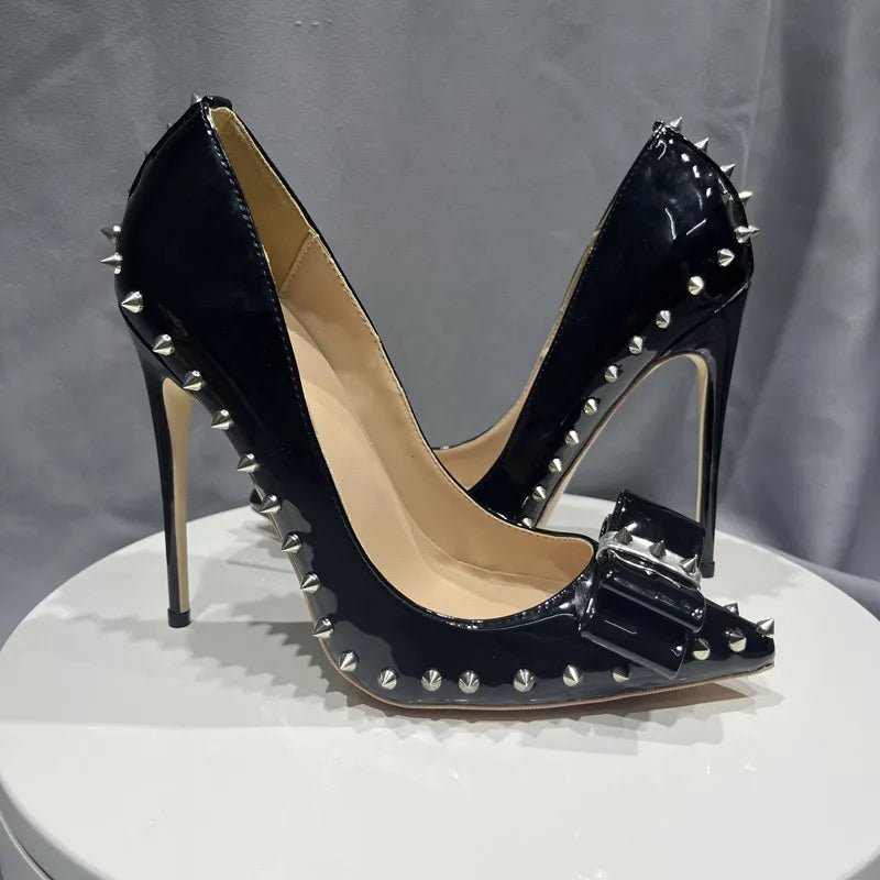 Black High Heel Shoes with Studs and Bow Sexy Matte Finish - GirlnamedParis