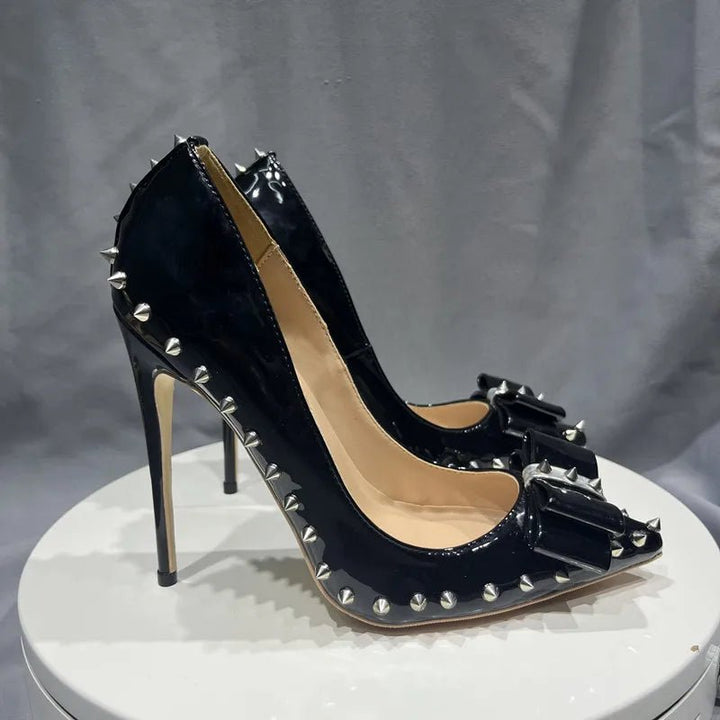 Black High Heel Shoes with Studs and Bow Sexy Matte Finish - GirlnamedParis