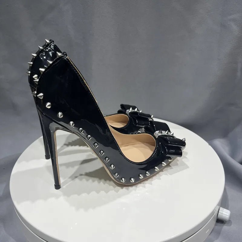 Black High Heel Shoes with Studs and Bow Sexy Matte Finish - GirlnamedParis