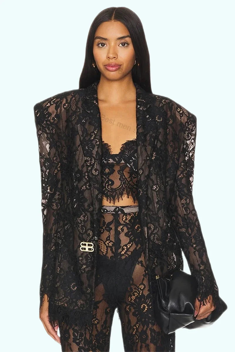 Black Lace 2Piece Womens Suit Sexy Blazer Pants - GirlnamedParis