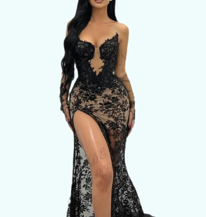 Black Lace Strapless Mermaid Gown with High Slit - GirlnamedParis