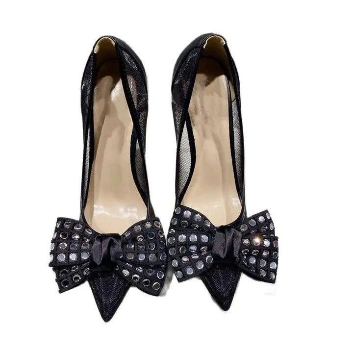 Black Satin Bow High Heels with Faux Diamonds 12cm - GirlnamedParis