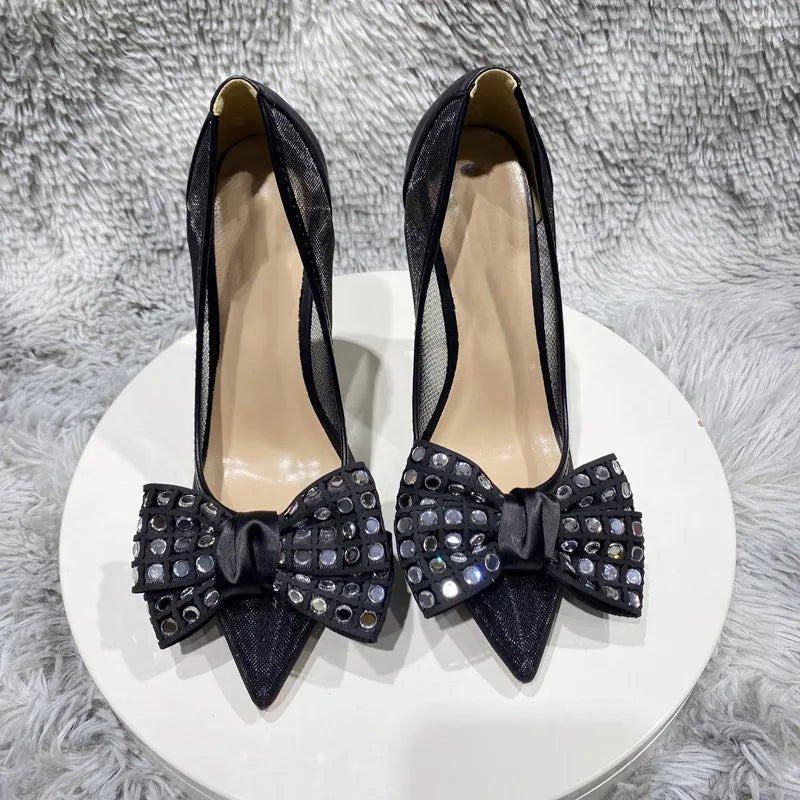 Black Satin Bow High Heels with Faux Diamonds 12cm - GirlnamedParis