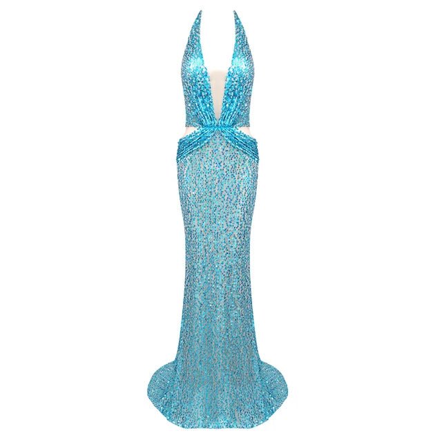 Blue Sequin Mermaid Halter VNeck Evening Gown - GirlnamedParis