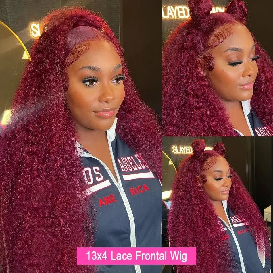 Burgundy Deep Wave Human Hair Lace Front Wig - GirlnamedParis