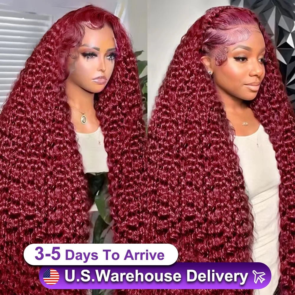 Burgundy Deep Wave Human Hair Lace Front Wig - GirlnamedParis