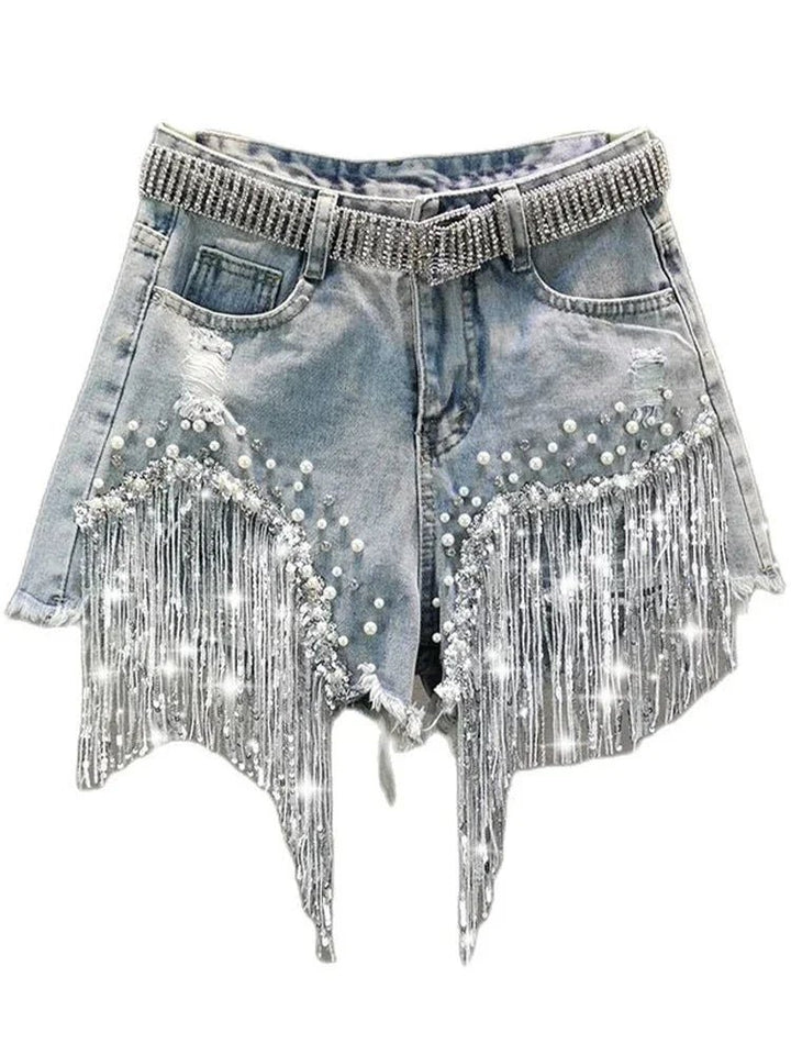 Chic Womens HighWaisted Beaded Denim Shorts - GirlnamedParis