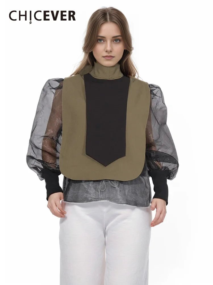 CHICEVER Womens Colorblock Turtleneck Mesh Blouse with Lantern Sleeves - GirlnamedParis