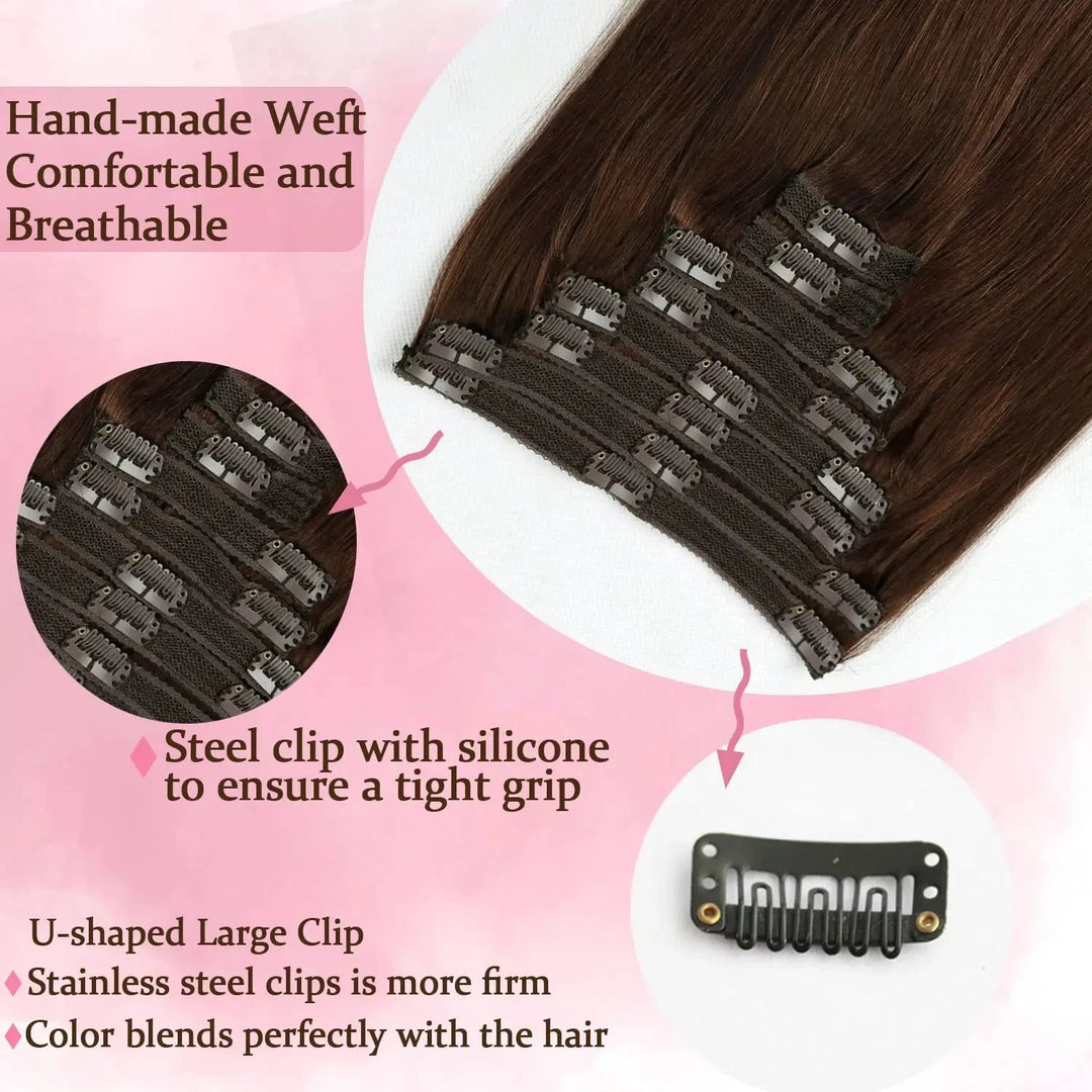 Chocolate Brown Seamless Human Hair ClipIn Extensions - GirlnamedParis