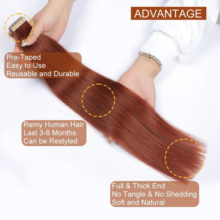 Dark Auburn Invisible Skin Weft Remy Hair Extensions 1424 - GirlnamedParis