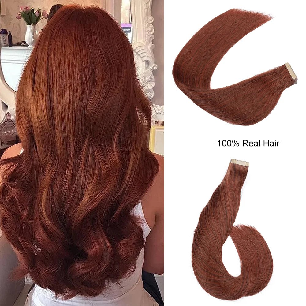 Dark Auburn Invisible Skin Weft Remy Hair Extensions 1424 - GirlnamedParis