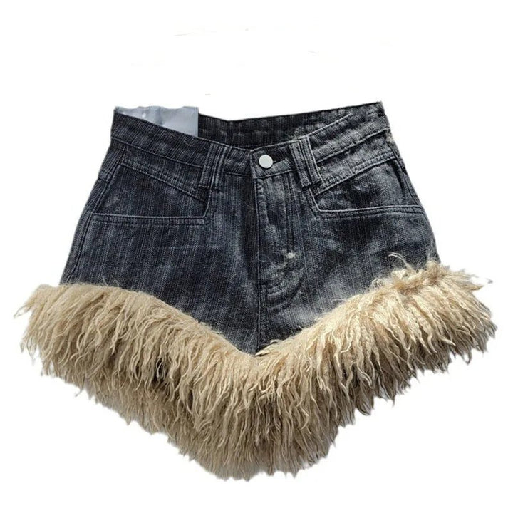 DEAT 2024 Womens Retro Fur Patchwork Denim Shorts - GirlnamedParis