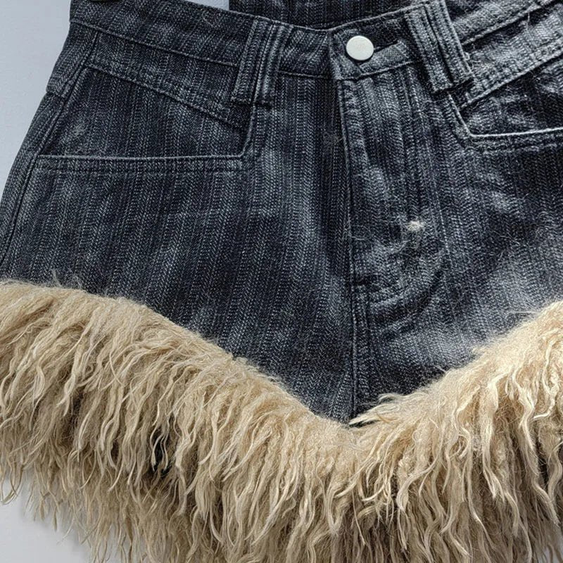 DEAT 2024 Womens Retro Fur Patchwork Denim Shorts - GirlnamedParis