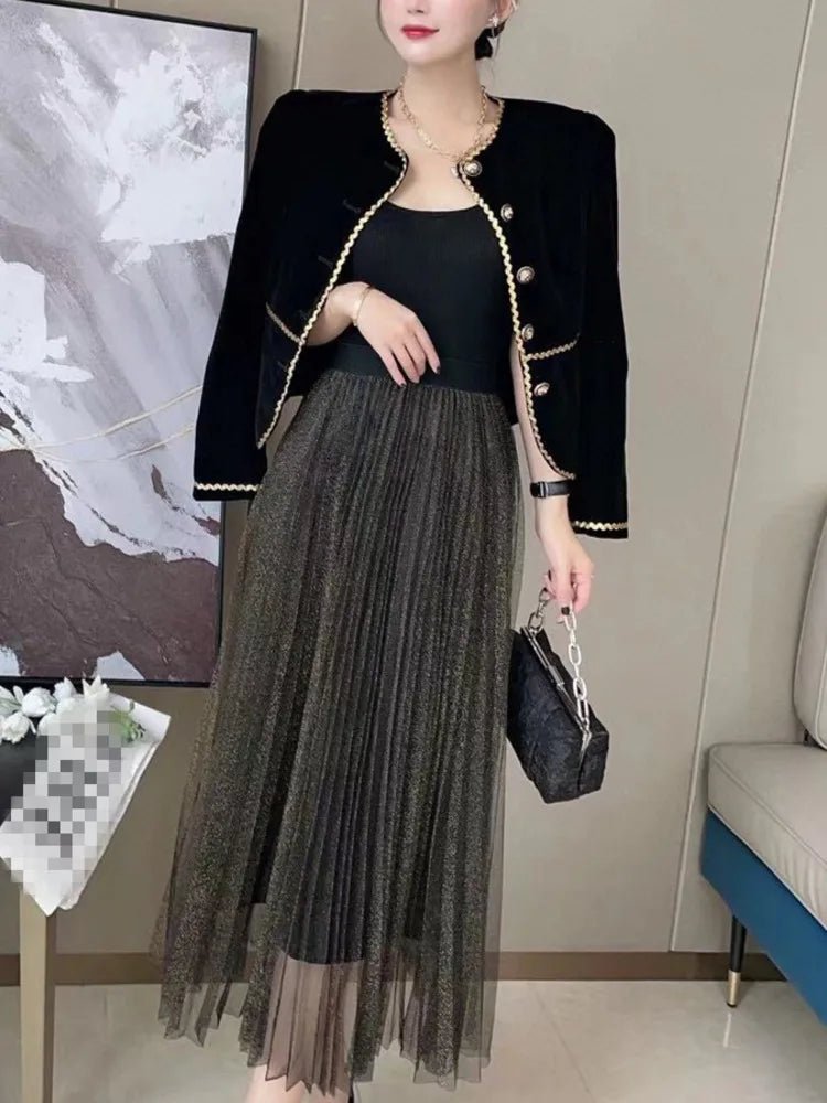 DEAT Women 2 Pcs Set Velvet O - neck Long Sleeves Contrast Color Coat Mesh Pleats Mid - calf Skirt Suit Winter 2025 New Tide 13DL974 - GirlnamedParis