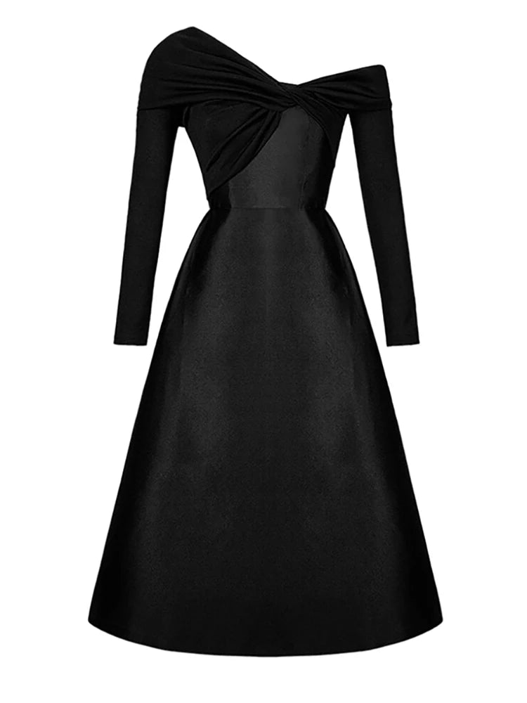 DEAT Women Fashion Evening Dress Skew Collar Knitted Spliced Cross Backless A - line Mid - calf Dresses Spring 2025 New 13DB3415 - GirlnamedParis