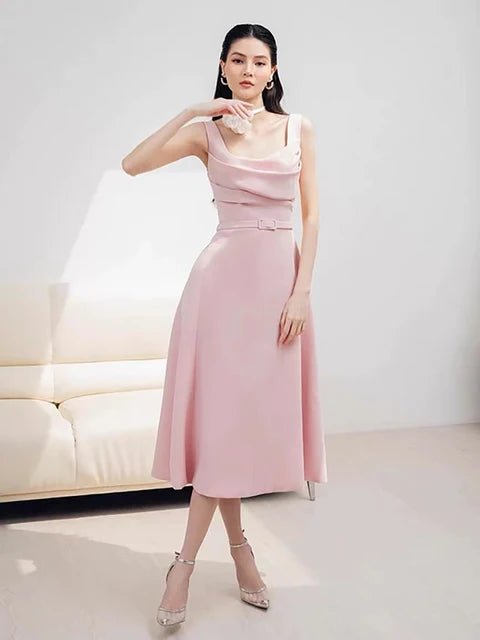 DEAT Women's Fashion Dress Belt Decorate Square Collar Sleeveless Folds Slim Pink Mid - calf Dresses Autumn 2024 New Tide 13DB4178 - GirlnamedParis