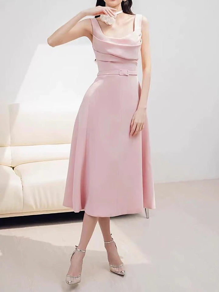 DEAT Women's Fashion Dress Belt Decorate Square Collar Sleeveless Folds Slim Pink Mid - calf Dresses Autumn 2024 New Tide 13DB4178 - GirlnamedParis