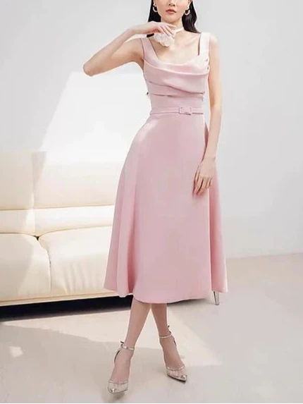 DEAT Women's Fashion Dress Belt Decorate Square Collar Sleeveless Folds Slim Pink Mid - calf Dresses Autumn 2024 New Tide 13DB4178 - GirlnamedParis