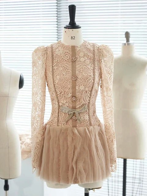 DEAT Women's Fashion Dress O - neck Lace Hollow Out Mesh Spliced Rhinestone Pleated Hem Dresses All Season 2024 New Tide 35Z211 - GirlnamedParis