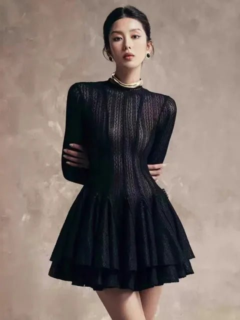 DEAT Women's Fashion Dress O - neck Long Sleeves Lace Slim Hollow Out Short Elegant Bubble Dresses All Season 2024 New 13DL969 - GirlnamedParis