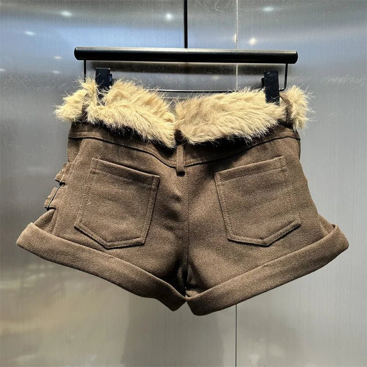 DEAT Womens Low Waist Brown Woolen Fur Shorts - GirlnamedParis