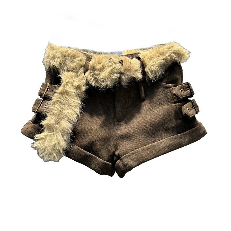 DEAT Womens Low Waist Brown Woolen Fur Shorts - GirlnamedParis