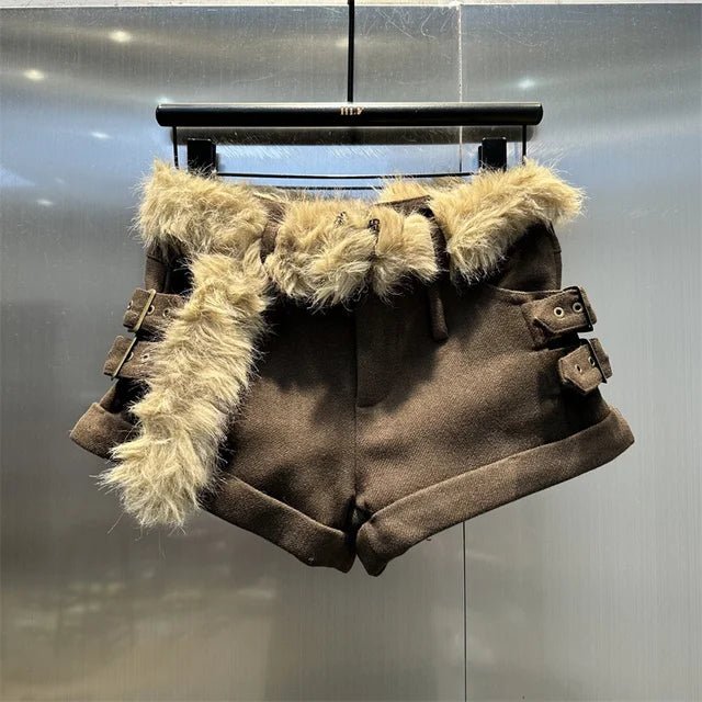 DEAT Womens Low Waist Brown Woolen Fur Shorts - GirlnamedParis