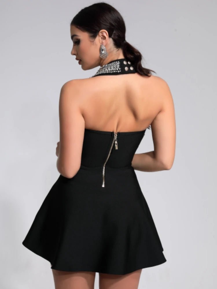 Elegant 2024 Black Beaded Halter Backless Bandage Dress - GirlnamedParis