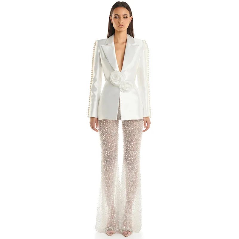 Elegant 3D Rose Blazer Pearl Pants Set Paris - Luxury - GirlnamedParis