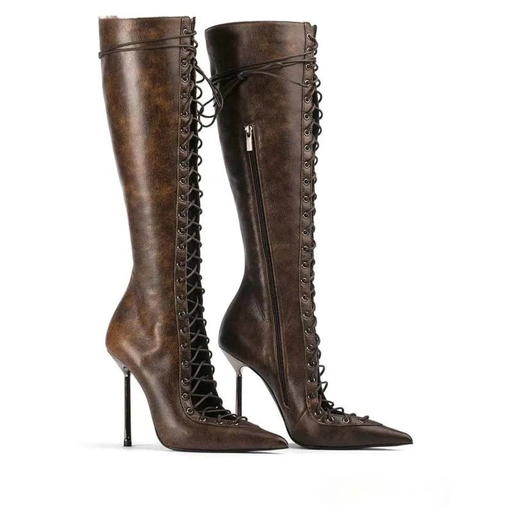 Elegant Black CrossStrap KneeHigh Stiletto Boots 2024 - GirlnamedParis