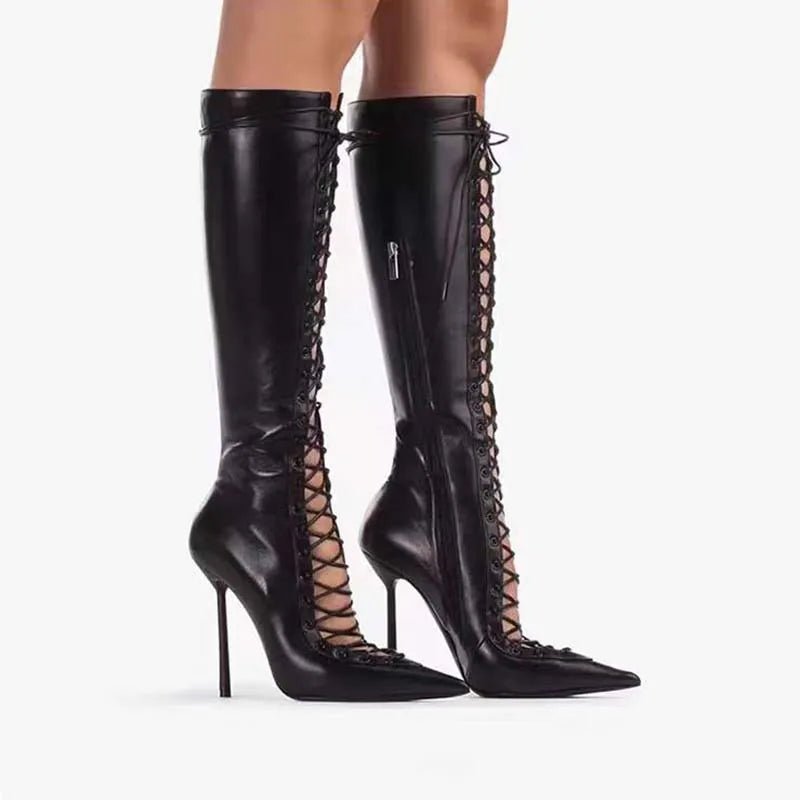 Elegant Black CrossStrap KneeHigh Stiletto Boots 2024 - GirlnamedParis