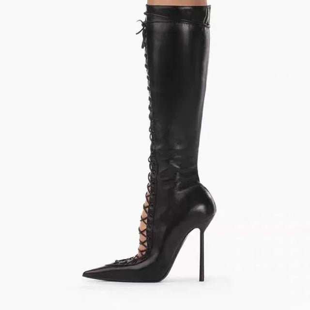 Elegant Black CrossStrap KneeHigh Stiletto Boots 2024 - GirlnamedParis