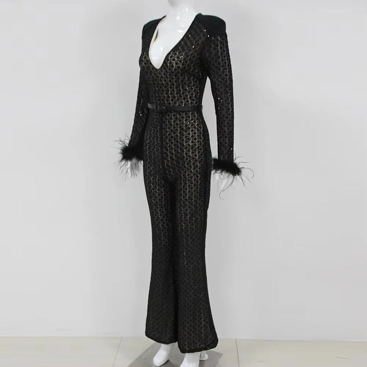 Elegant Black Feather Sequin VNeck Party Jumpsuit - GirlnamedParis