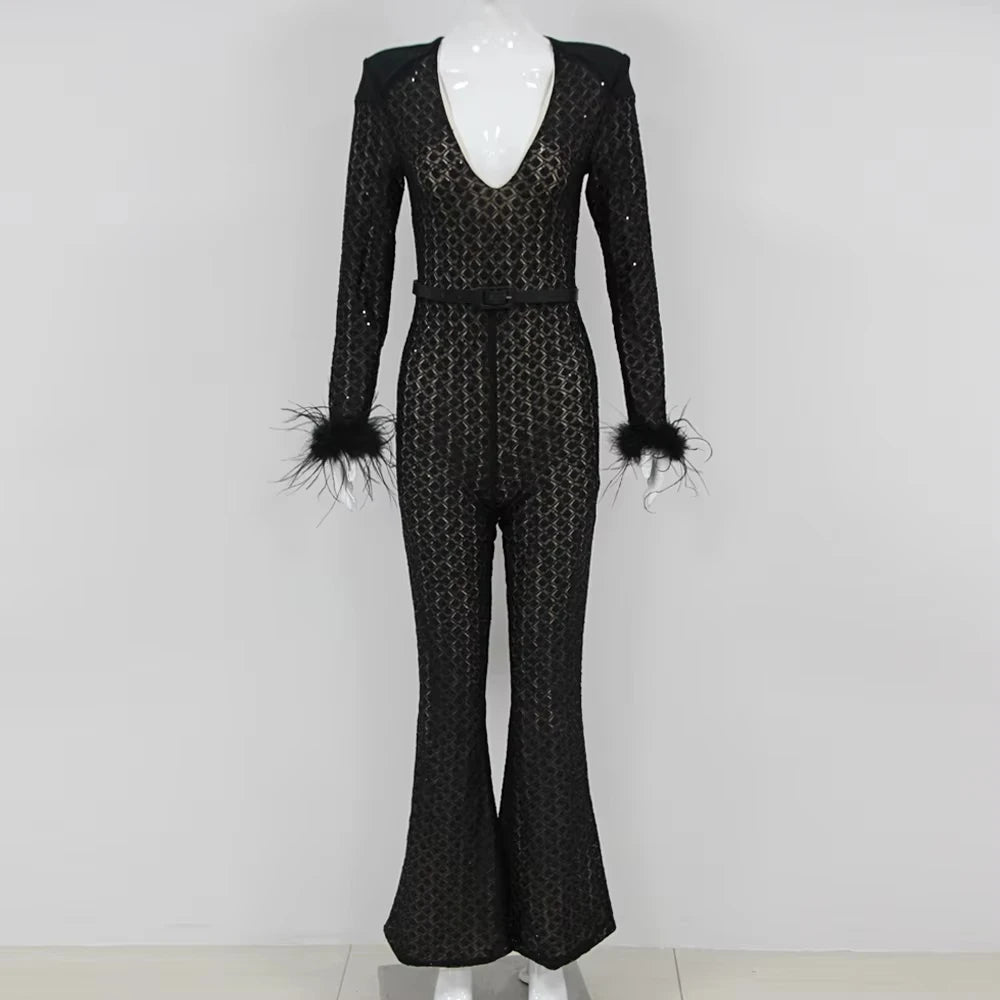 Elegant Black Feather Sequin VNeck Party Jumpsuit - GirlnamedParis