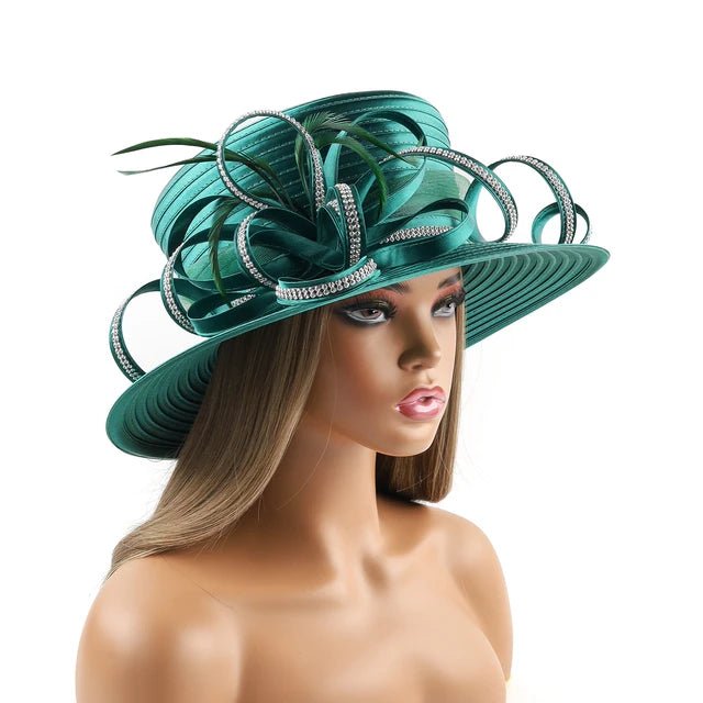 Elegant Green Satin Top Hat with Floral Accents - GirlnamedParis