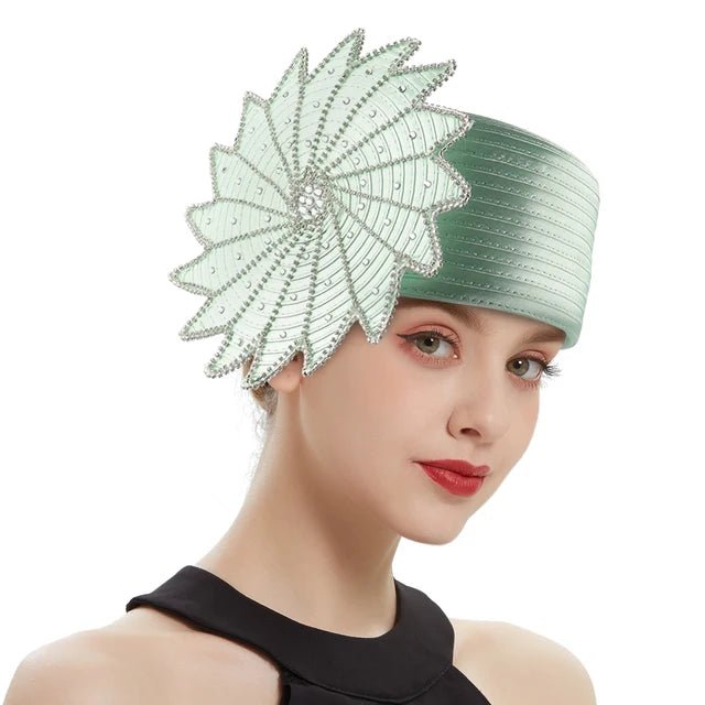 Elegant Green Satin Top Hat with Floral Accents - GirlnamedParis