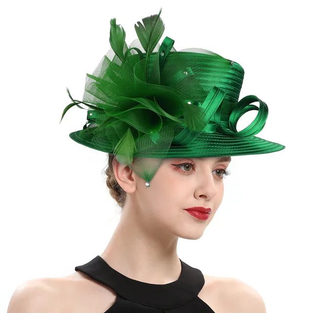 Elegant Green Satin Top Hat with Floral Accents - GirlnamedParis