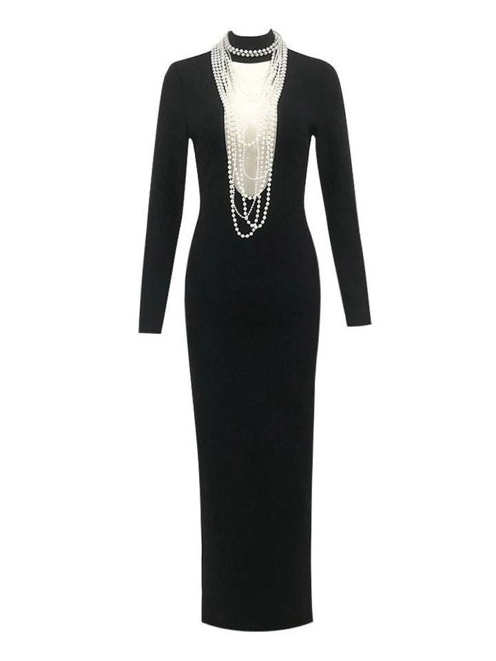 Elegant Long Sleeve Evening Dress with Pearl Collar - GirlnamedParis