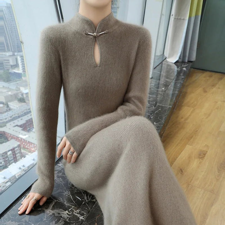 Elegant Mink Cashmere Stand Collar Slim Fit Dress - GirlnamedParis