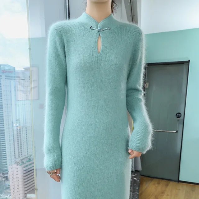 Elegant Mink Cashmere Stand Collar Slim Fit Dress - GirlnamedParis