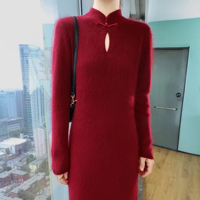 Elegant Mink Cashmere Stand Collar Slim Fit Dress - GirlnamedParis