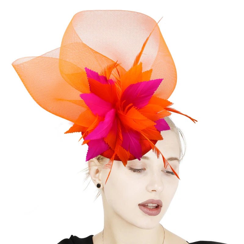 Elegant Orange Hot Pink Fascinator Hat for Weddings - GirlnamedParis