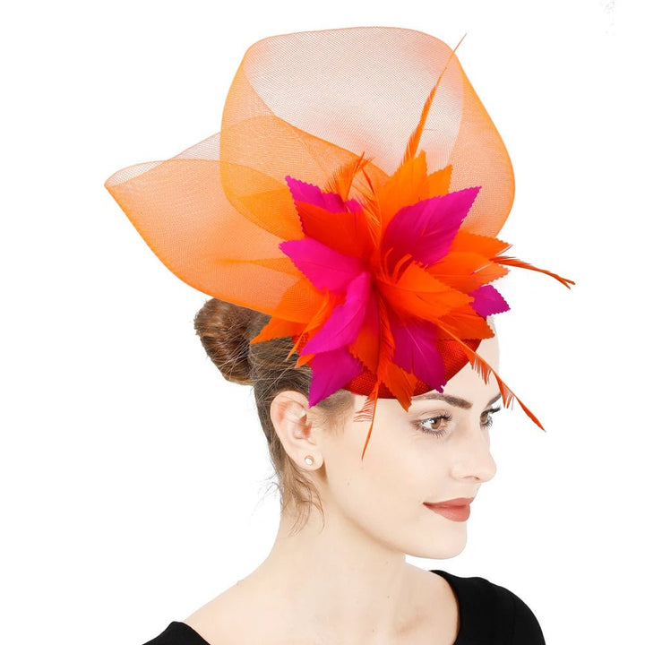 Elegant Orange Hot Pink Fascinator Hat for Weddings - GirlnamedParis